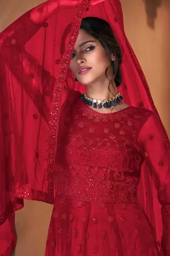 red dori embroidered with diamond work net anarkali gown type salwar kameez