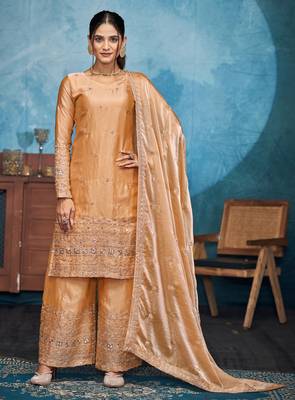 Mesmerizing gold thread and sequins embroidered fendi fabric indian designer salwar kameez 1