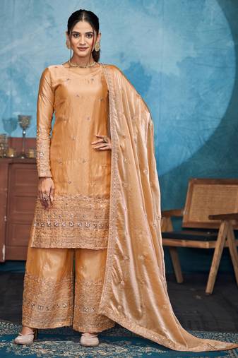 Mesmerizing gold thread and sequins embroidered fendi fabric indian designer salwar kameez