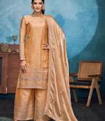 Mesmerizing gold thread and sequins embroidered fendi fabric indian designer salwar kameez