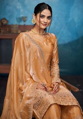 Mesmerizing gold thread and sequins embroidered fendi fabric indian designer salwar kameez 2