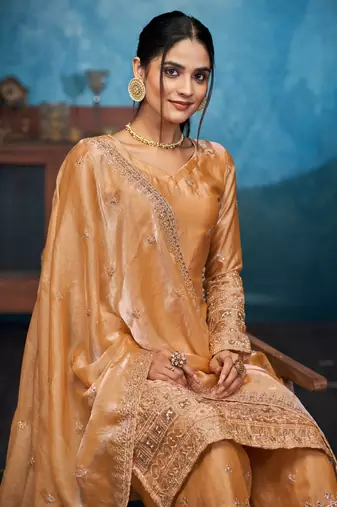 Mesmerizing gold thread and sequins embroidered fendi fabric indian designer salwar kameez