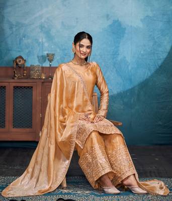 Mesmerizing gold thread and sequins embroidered fendi fabric indian designer salwar kameez 3