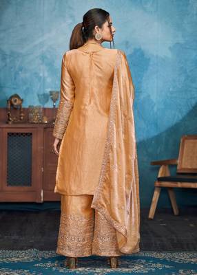 Mesmerizing gold thread and sequins embroidered fendi fabric indian designer salwar kameez 4