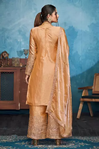 Mesmerizing gold thread and sequins embroidered fendi fabric indian designer salwar kameez