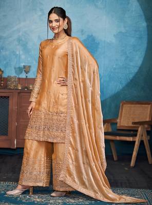 Mesmerizing gold thread and sequins embroidered fendi fabric indian designer salwar kameez 5