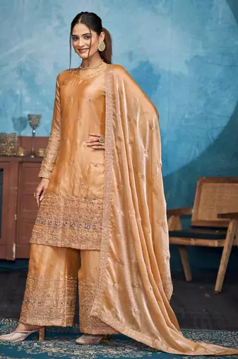Mesmerizing gold thread and sequins embroidered fendi fabric indian designer salwar kameez