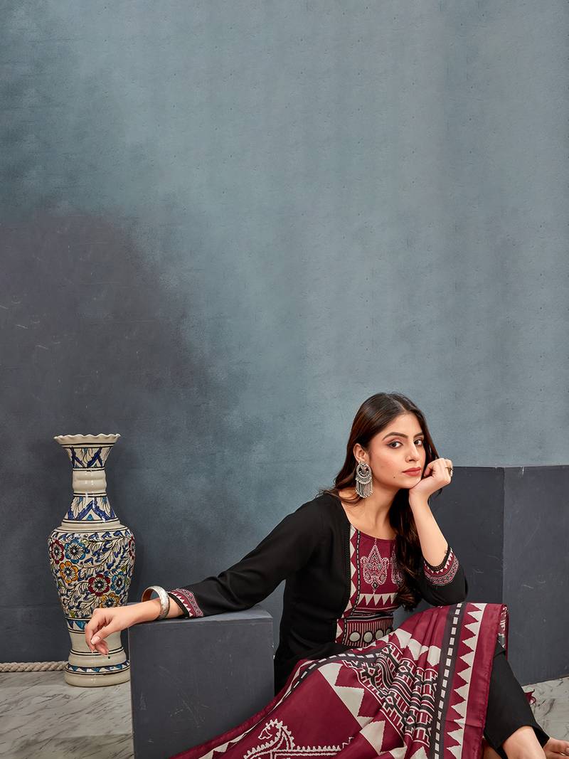 Black roman silk blend ajrakh kurta pant dupatta set