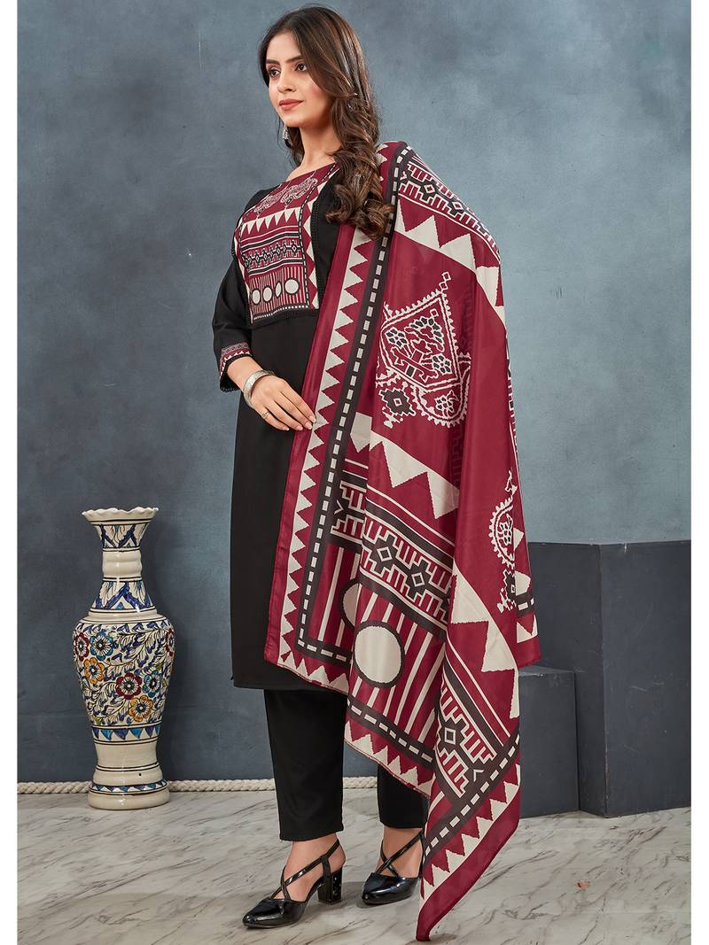 Black roman silk blend ajrakh kurta pant dupatta set