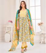 Mojilaa women's mustard cotton blend floral & leaf flared kurta with pant & printed dupatta