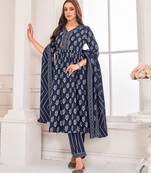 Mojilaa women's indigo blue cotton blend geometric flared kurta with pant & printed dupatta