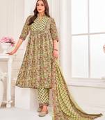 Mojilaa women's lime green cotton blend floral & leaf flared kurta with pant & printed dupatta