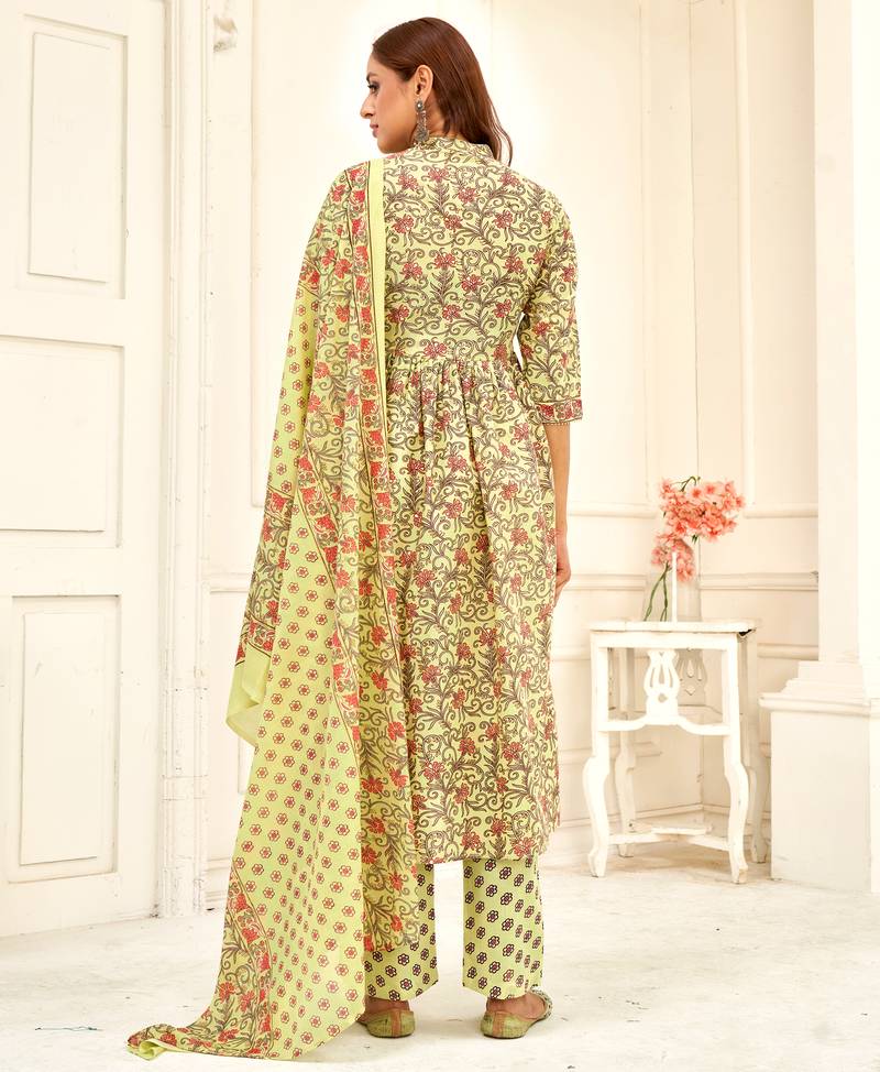 Mojilaa women's lime green cotton blend floral & leaf flared kurta with pant & printed dupatta