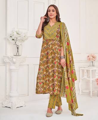  olive green cotton blend floral & leaf flared kurta with pant & printed dupatta 1