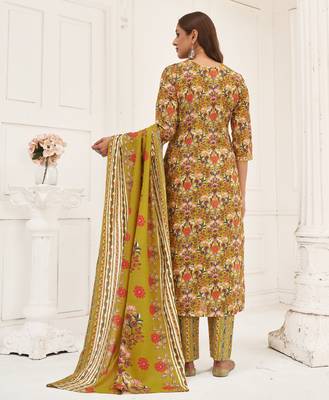  olive green cotton blend floral & leaf flared kurta with pant & printed dupatta 2