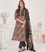  black cotton blend floral & leaf flared kurta with pant & printed dupatta