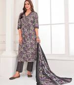  lavender cotton blend floral & leaf flared kurta with pant & printed dupatta