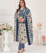  white cotton blend floral & leaf flared kurta with pant & printed dupatta