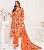  khaki cotton blend floral & leaf flared kurta with pant & printed dupatta