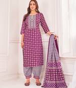  burgundy cotton blend geometric straight kurta with afghani salwar & printed dupatta