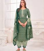  green cotton blend geometric straight kurta with afghani salwar & printed dupatta