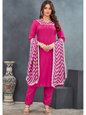 Pink premium rayon solid kurta with zig zag print pant & dupatta set 1
