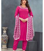 Pink premium rayon solid kurta with zig zag print pant & dupatta set