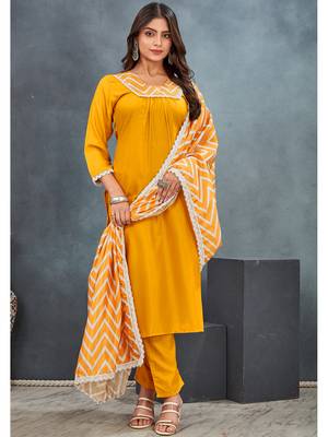 Yellow premium rayon solid kurta with zig zag print pant & dupatta set 1