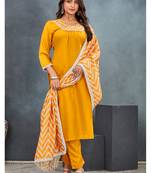 Yellow premium rayon solid kurta with zig zag print pant & dupatta set