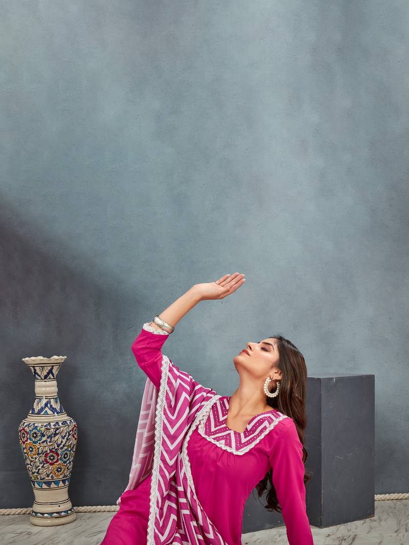 Pink premium rayon solid kurta with zig zag print pant & dupatta set