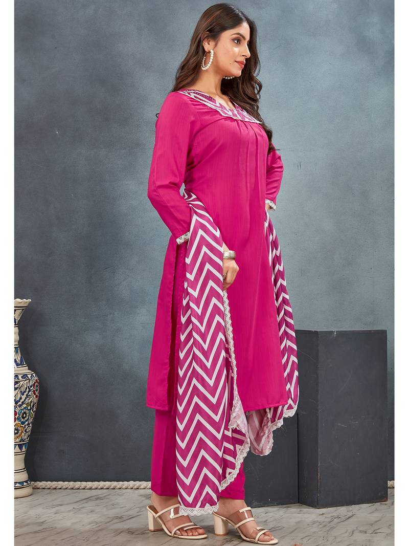 Pink premium rayon solid kurta with zig zag print pant & dupatta set