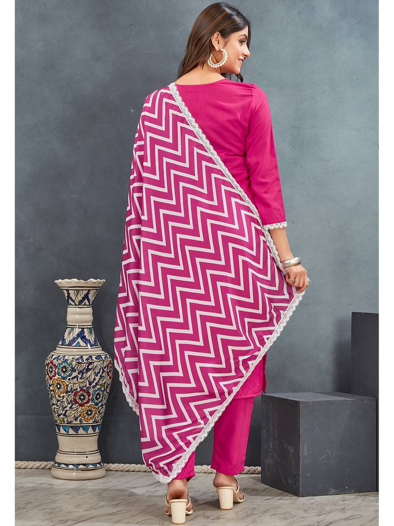 Pink premium rayon solid kurta with zig zag print pant & dupatta set