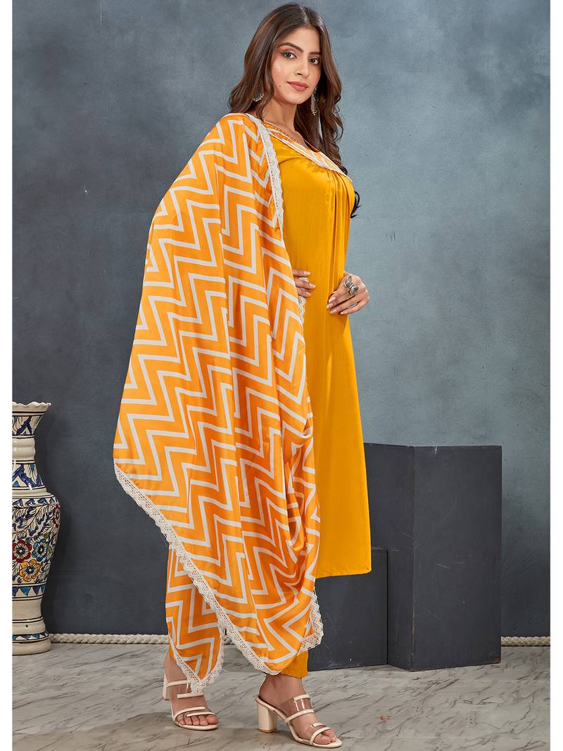 Yellow premium rayon solid kurta with zig zag print pant & dupatta set