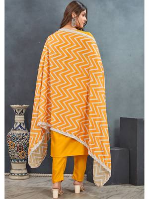Yellow premium rayon solid kurta with zig zag print pant & dupatta set 4