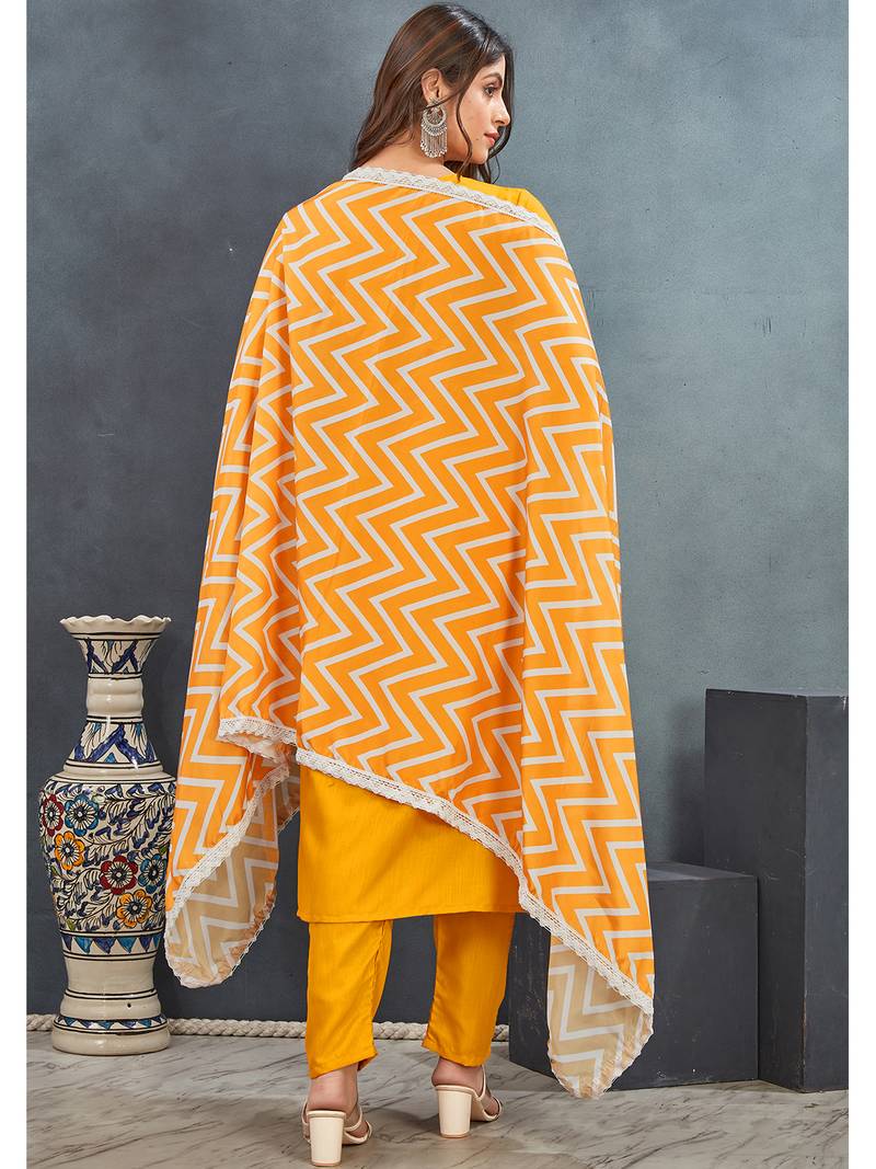 Yellow premium rayon solid kurta with zig zag print pant & dupatta set