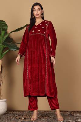 Maroon velvet embroidered kurta palazzo set 1
