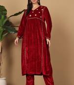Maroon velvet embroidered kurta palazzo set