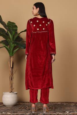 Maroon velvet embroidered kurta palazzo set 2