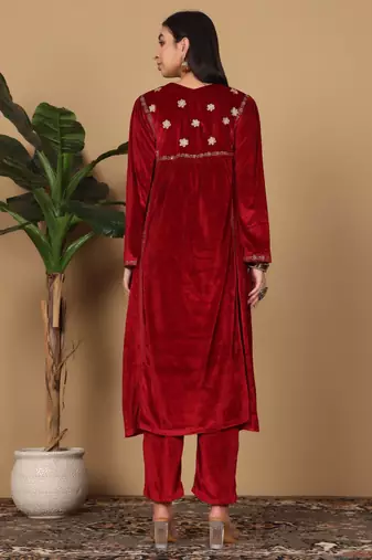 Maroon velvet embroidered kurta palazzo set