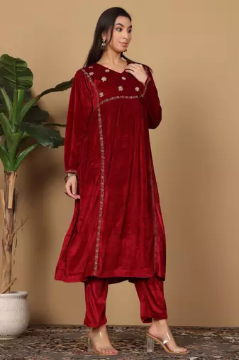 Maroon velvet embroidered kurta palazzo set