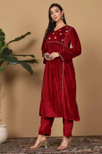 Maroon velvet embroidered kurta palazzo set