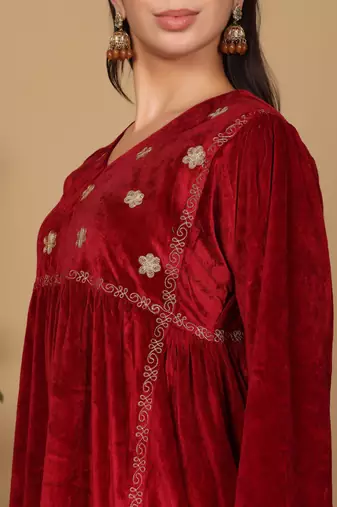 Maroon velvet embroidered kurta palazzo set