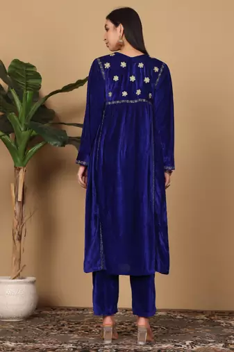 Blue velvet embroidered kurta palazzo set