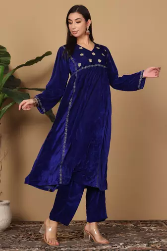 Blue velvet embroidered kurta palazzo set