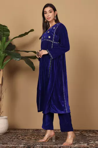 Blue velvet embroidered kurta palazzo set