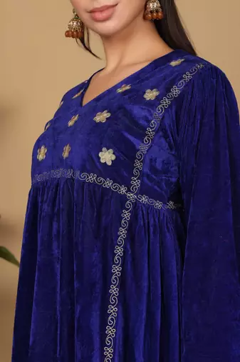 Blue velvet embroidered kurta palazzo set