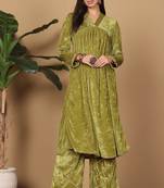 Mehandi green velvet embroidered kurta palazzo set