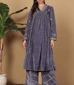 Grey velvet embroidered kurta palazzo set