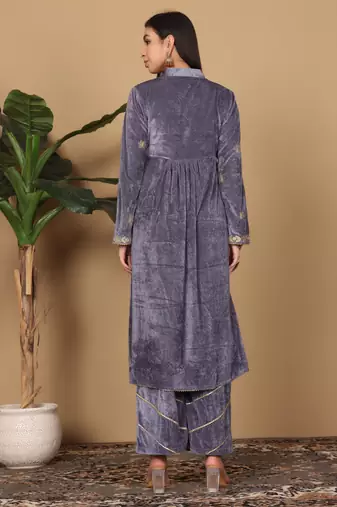 Grey velvet embroidered kurta palazzo set