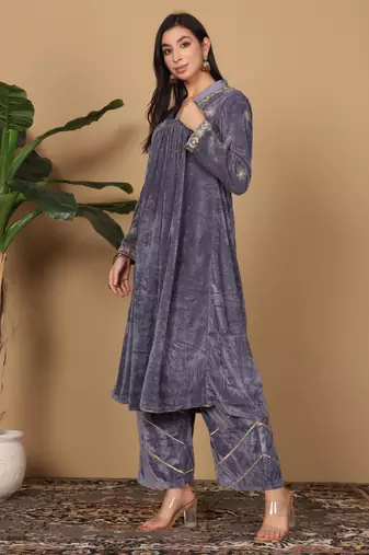 Grey velvet embroidered kurta palazzo set